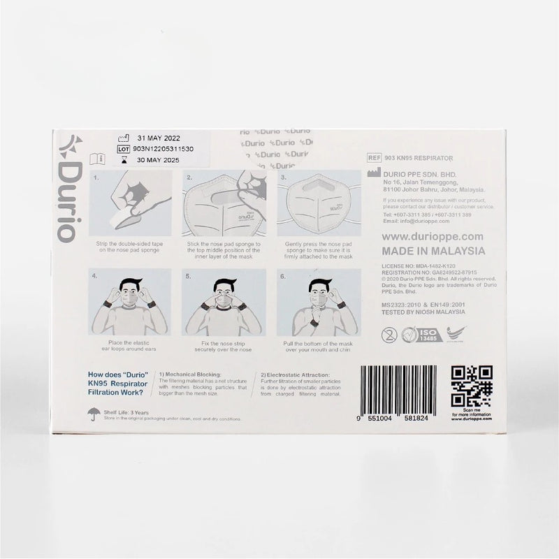 Durio 903 KN95 Respirator - Attachable Nose Foam - (10 Pcs)