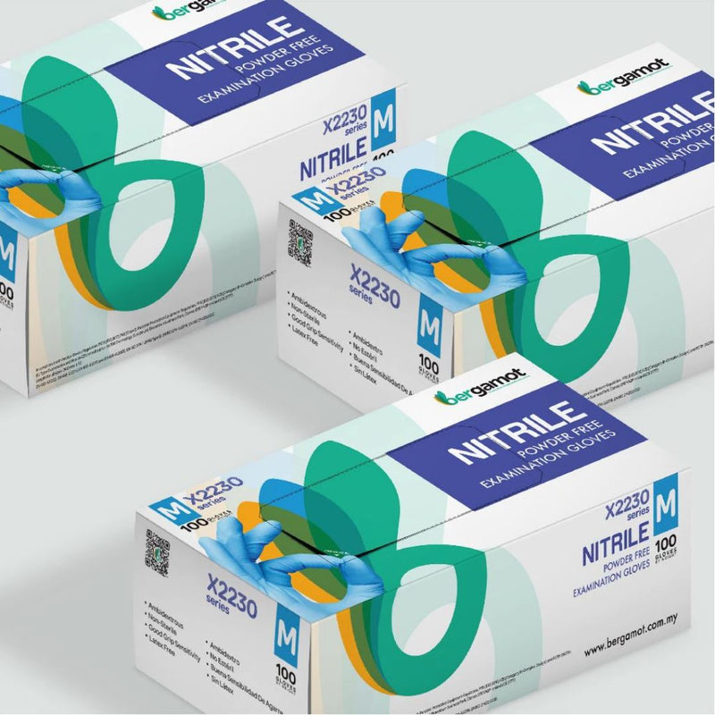 Sarung Tangan Pemeriksaan Bebas Serbuk Nitril Biru Bergamot 100's