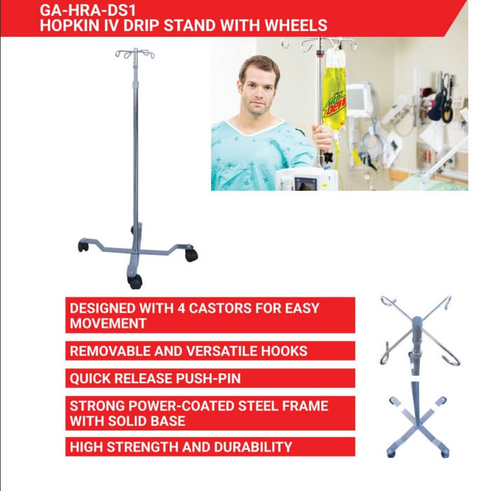 Adjustable height Mobile IV drip stand with 4 hooks