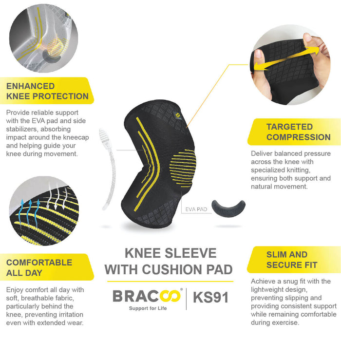 Knee Fulcrum Sleeve Breathable with Ergonomic Cushion Pad (pair) KS91 | BRACOO