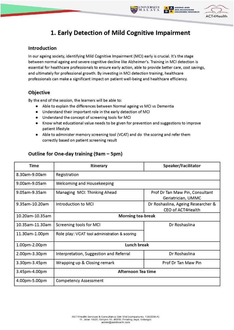 [HRD Corp Claimable] ACT4Health Early Detection of Mild Cognitive Impairment (MCI) training among Pharmacists