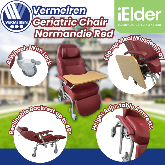 Santai Kerusi Geriatrik dengan Roda dengan dulang | Vermeiren Normandie Red 