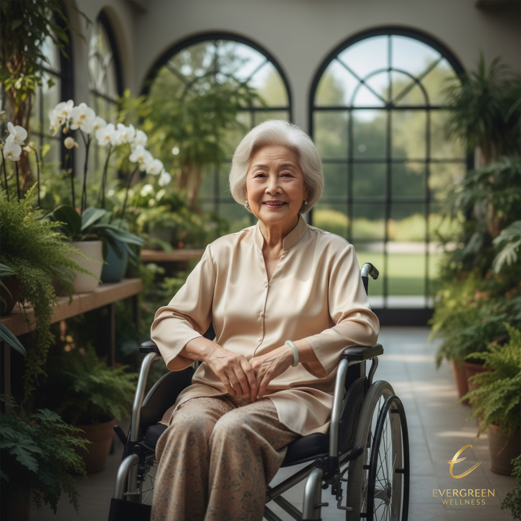 Elderly Chinese person with wheelchair