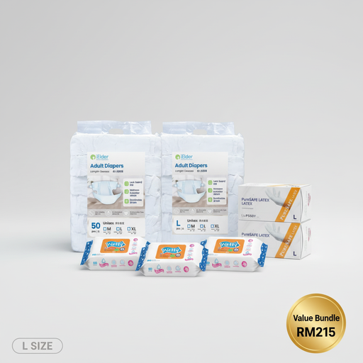 Incontinence Care Bundle L Size - 2 Adult Diapers L, 2 Examination Gloves, 3 Wet Wipes - Save RM10.10