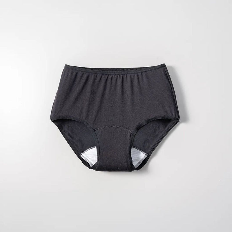 Black incontinence panties showing comfortable high-waist fit