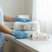 Professional caregiver organizing care supplies