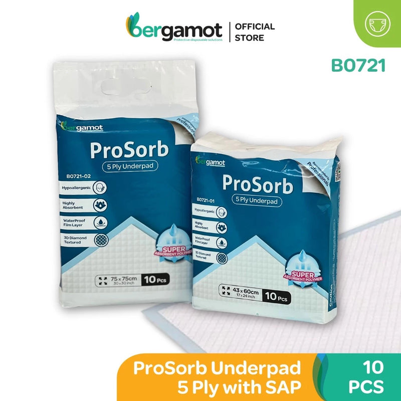 BERGAMOT Ecosorb 4 Ply & Prosorb 5 Ply Wee Wee Pad | Underpad (10 Pcs) B0711/B0721