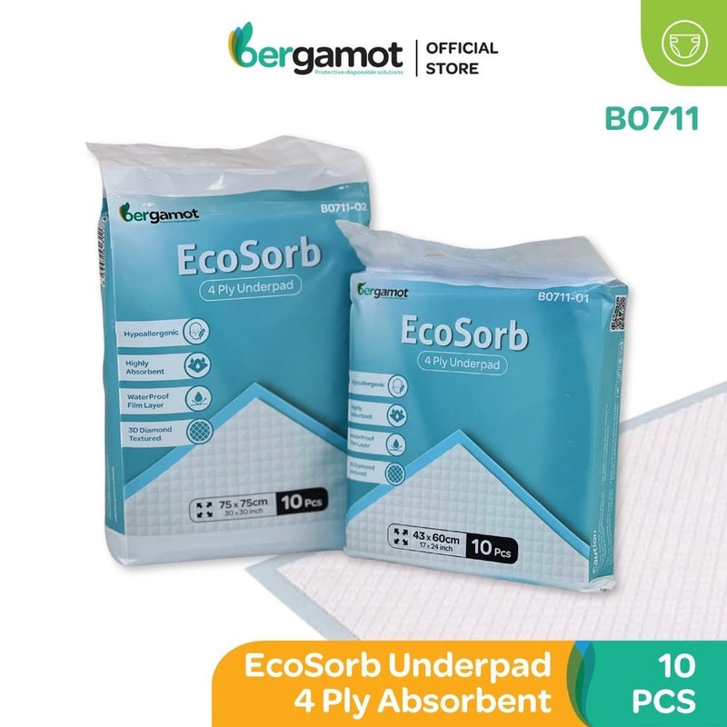 BERGAMOT Ecosorb 4 Ply & Prosorb 5 Ply Wee Wee Pad | Underpad (10 Pcs) B0711/B0721