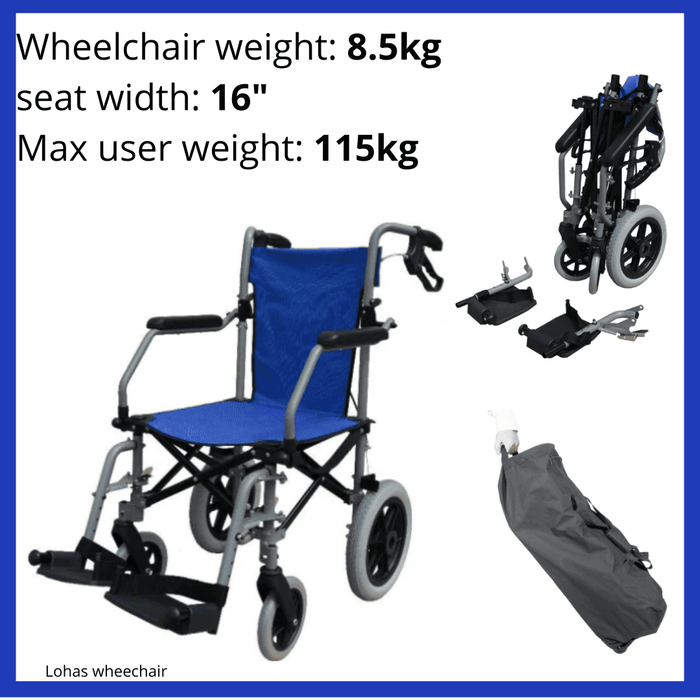 Lohas Wheelchair Blue Air Compact Lightweight Travel  w/ Bag 8.5kg (16") - Asian Integrated Medical Sdn Bhd (ielder.asia)