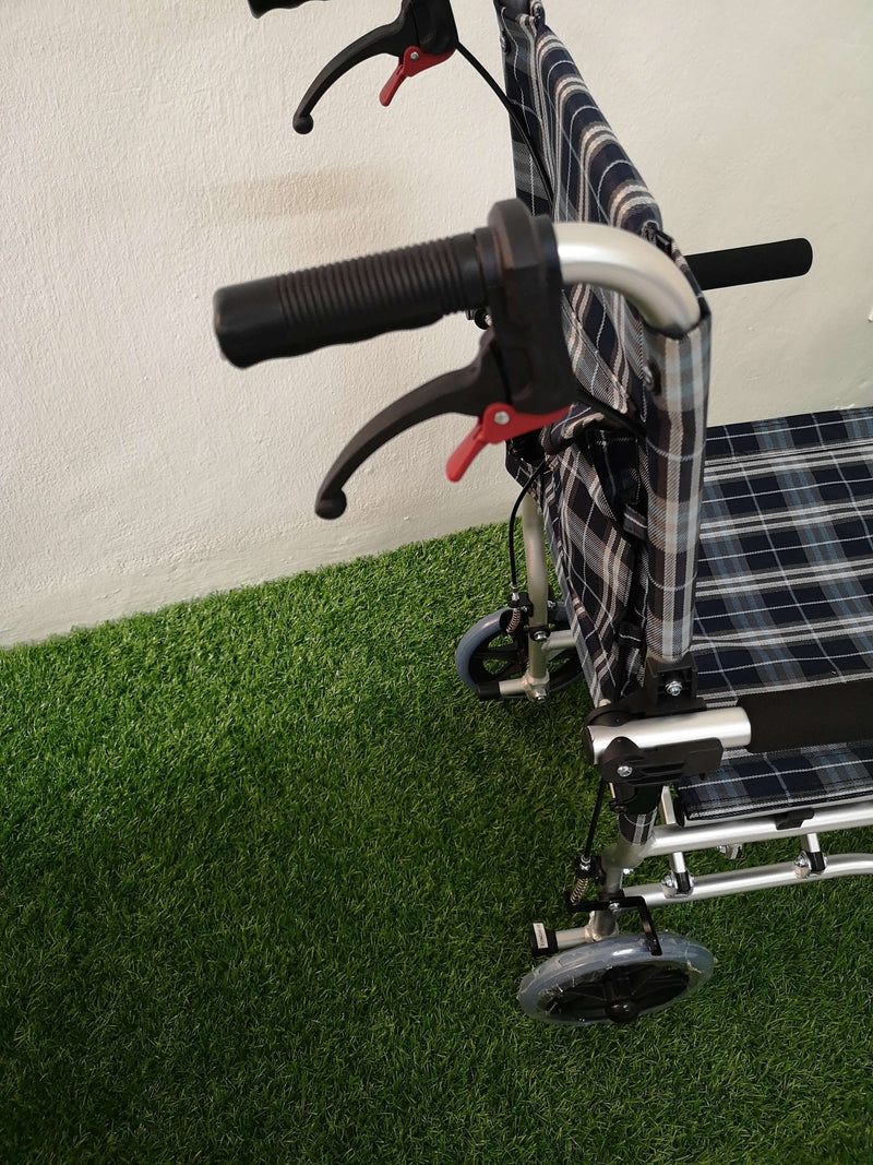 Blue Check Pattern Aluminium Transit Wheelchair with Carry Bag 9kg (16") - Asian Integrated Medical Sdn Bhd (ielder.asia)