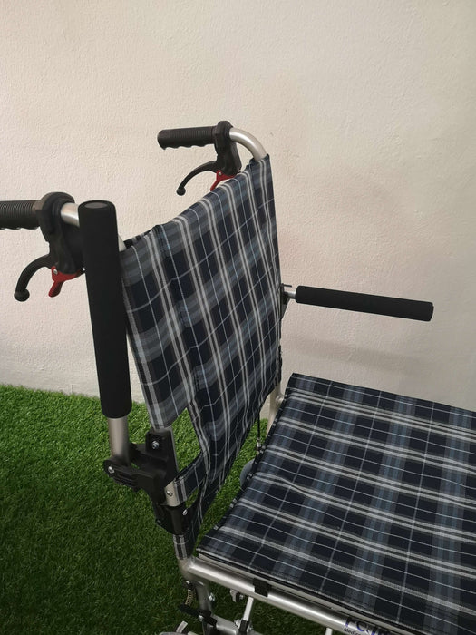 Blue Check Pattern Aluminium Transit Wheelchair with Carry Bag 9kg (16") - Asian Integrated Medical Sdn Bhd (ielder.asia)
