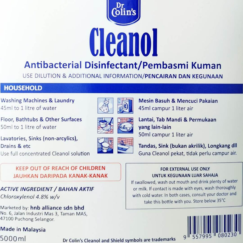 Dr Colin's Cleanol Antibacterial Disinfectant Germicide Liquid Wash 5 litre [Kill 99.9% germs including Virus, Bacteria etc] - Asian Integrated Medical Sdn Bhd (ielder.asia)