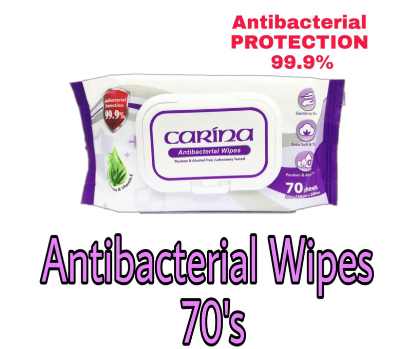Carina Antibakteria Wipes 70's setiap pek [Perlindungan Antibakteria 99.9%]