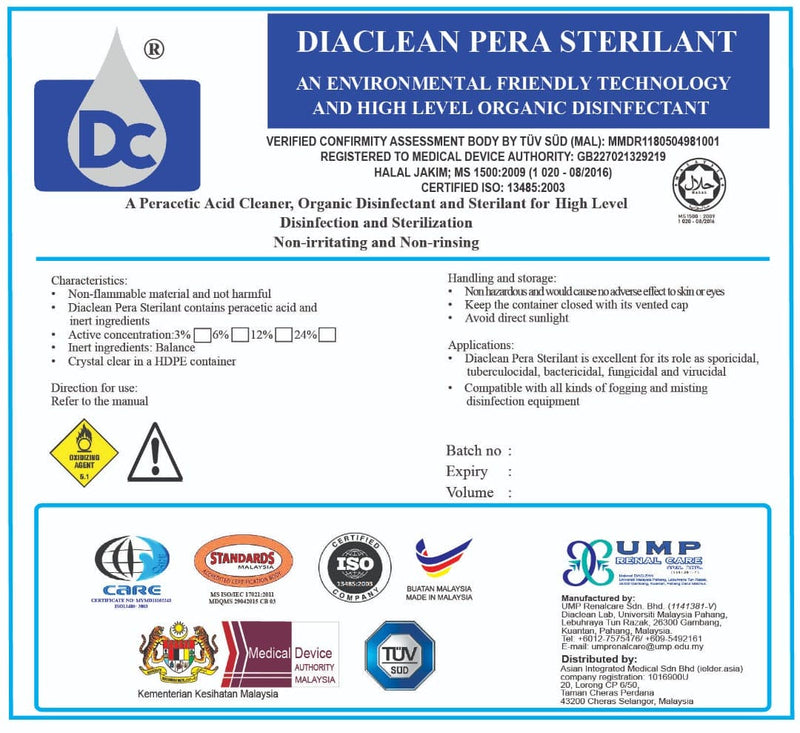 Environmentally friendly, Organic, Halal Diaclean Pera Sterilant Disinfectant 5L