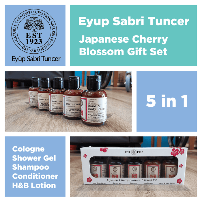 Eyup Sabri Tuncer Japanese Cherry Blossom Gift Set (5 botol x 50ml) Gel Mandian, Syampu, Perapi, Sanitizer tangan merangkap Cologne, Losyen