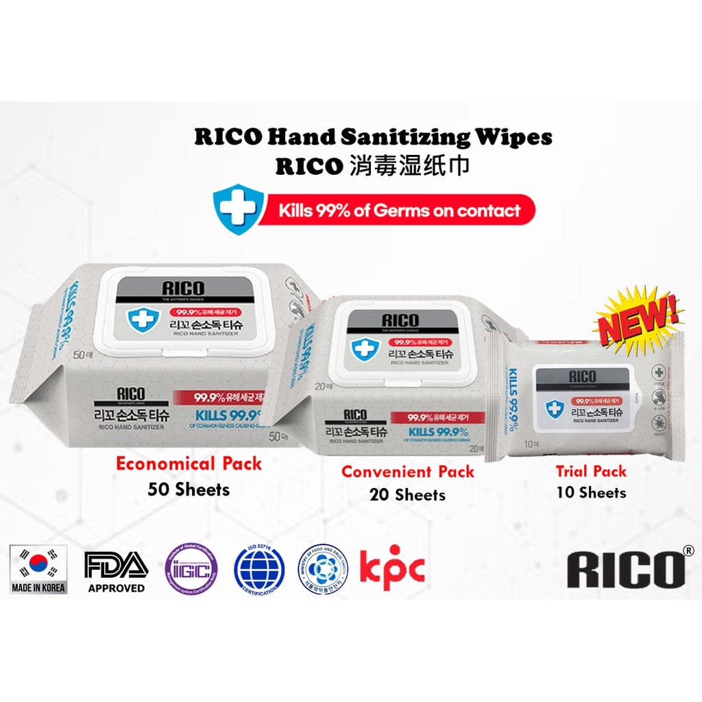 RICO Hand Sanitizer Wipes (62% alcohol, Kill 99.9% germs) - Made in Ko ...