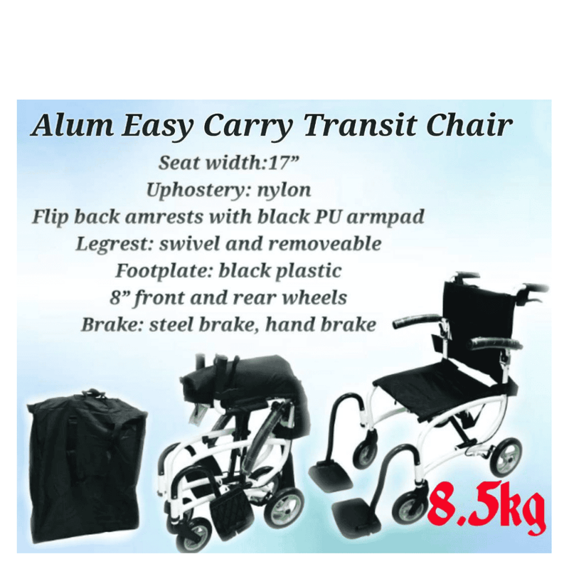 Comfy Wheelchair Black Aluminium Lightweight Easy Carry Transit with Carry Bag 8.5kg (17") - Asian Integrated Medical Sdn Bhd (ielder.asia)