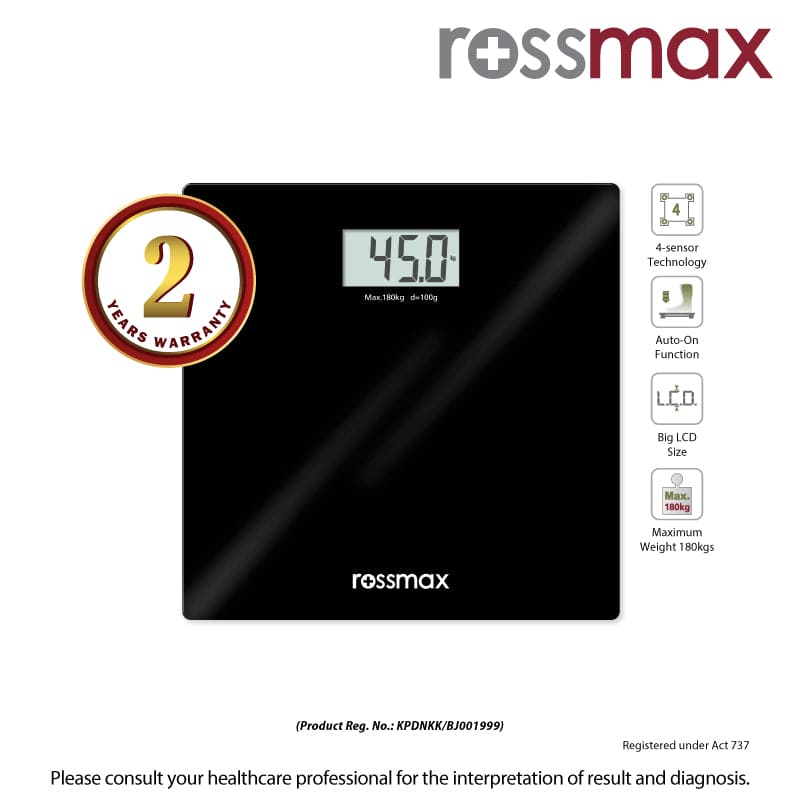 Glass Personal Electronic Weighing Scale Black FREE Face Tower | Rossmax 